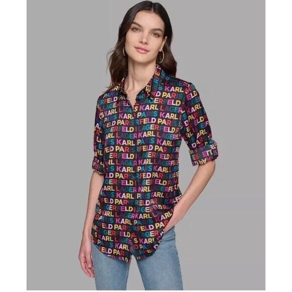 Karl Lagerfeld Paris Women’s Logo Multicolor Print Shirt Blouse Size3X - Picture 1 of 12